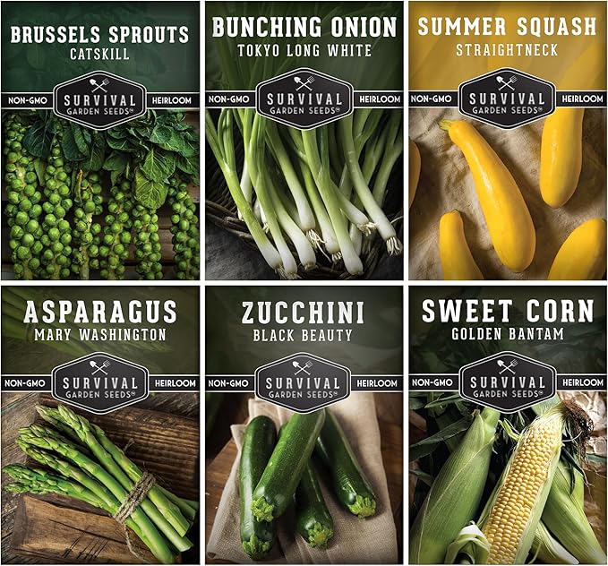 Survival Garden Seeds - Barbecue Vegetables Collection Seed Vault for Planting - Asparagus, Brussels Sprouts, Green Onion, Zucchini, Yellow Squash, & Sweet Corn Packs - Non-GMO Heirloom Varieties