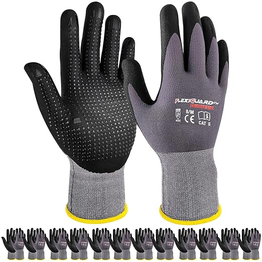 Gasoline Safety Work Gloves Extra Micro-Foam Nitrile Coated-12 Pairs,Endurance Seamless Knit Nylon Spandex,Dots on Palm, Dot Grip Gloves，Work Gloves Men and Women (12, L)