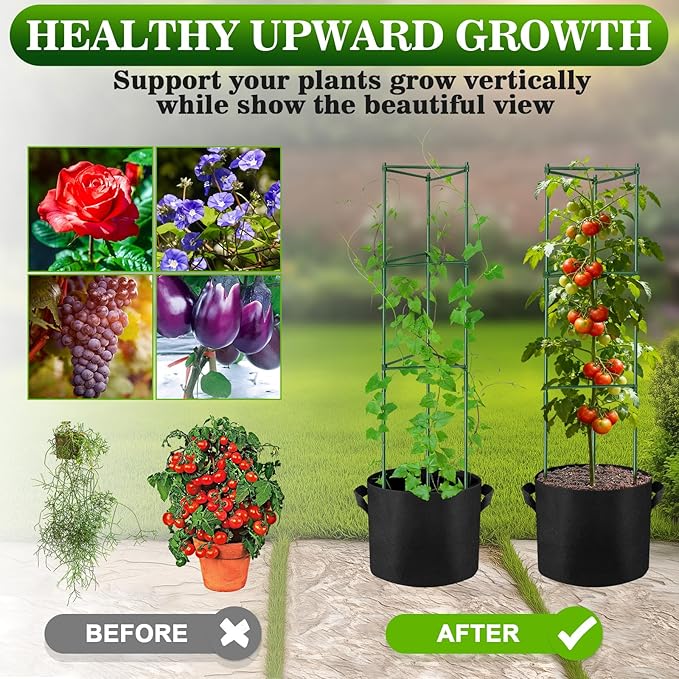 NNG 4 Packs 48 inches Tomato Cages with 10 Gallon Grow Bags,Garden Plant Support Cages,Plant Tower Stakes Garden Trellis for Climbing Plants,Tomato Plant Trellis for Vegetable Fruits Vines (4, Green)