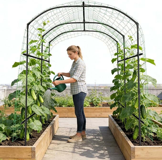 SUNYRISY Garden Arch Trellis for Climbing Plants Outdoor Gardening, 87" H x 70" L x 75" W Metal Core Tall Plant Support for Raised Bed Planting Cucumber Tomato Flowers Vegetables