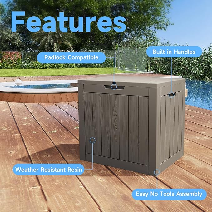 35 Gallon Resin Deck Box Outdoor Storage Box Waterproof for Patio Furniture,Outdoor Cushions,Garden Tools and Pool Supplies（Grey）