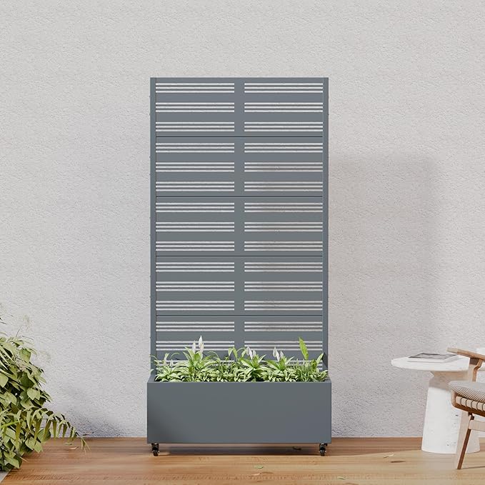 Casaphoria Metal Raised Garden Bed with Trellis and Wheels, 72"x35"x16" Planter Box for Climbing Plants, Vegetables & Vines, Features Drainage Holes and Privacy Screen, Grey-Harold