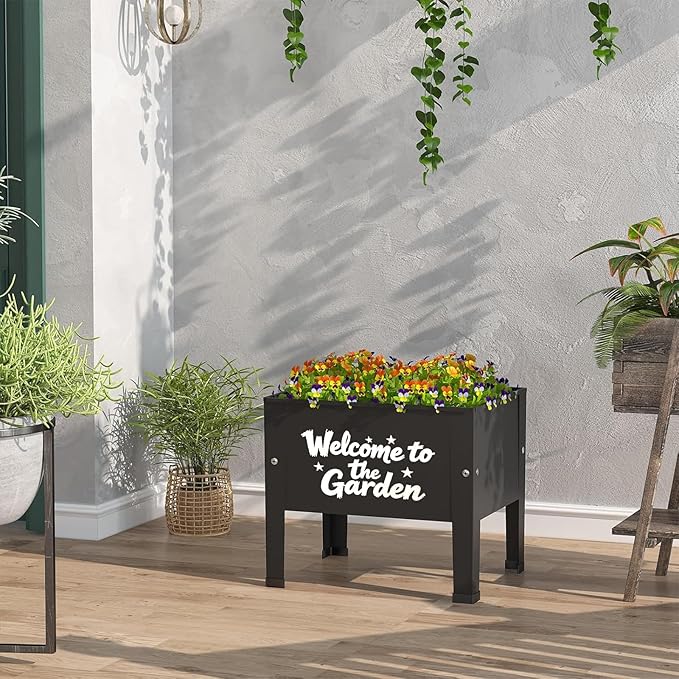 aboxoo 14 inch Spray-Painted Style Planter Raised Beds with Legs Outdoor Small Metal Planter Box Elevated Garden Bed for Vegetables Flower Herb Patio(Black)