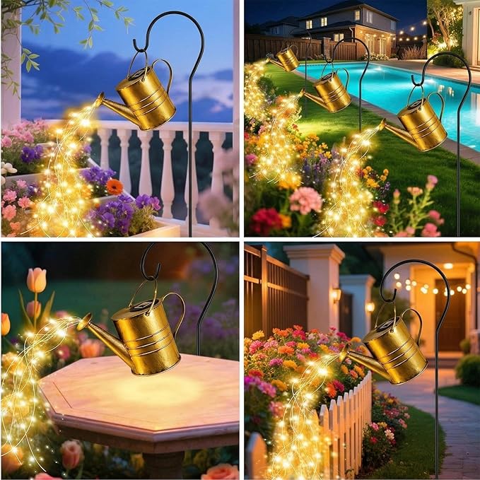 Solar Watering Can with Cascading Warm White Fairy Lights Outdoor Garden Decor Waterproof Metal Fountain Yard Patio Lawn Ornament