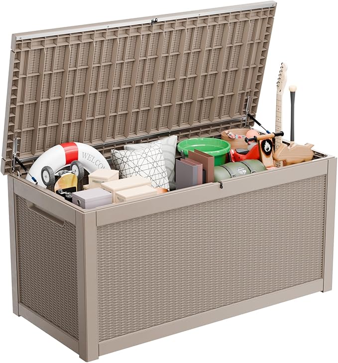 Vixzen 320 Gallon Resin Deck Box, Lockable Outdoor Storage Box for Patio Cushions Storage Furniture,Garden Tools, Pool Supplies, Weatherproof and UV Resistant（Grey，320 Gallon）