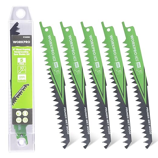 WORKPRO 6" Wood Pruning Reciprocating Saw Blade Set, 5TPI Pruning Saw Blades for Tree Pruning, Wet Wood Cutting with Organizer Case, Durable & Sharp, 5 Pieces