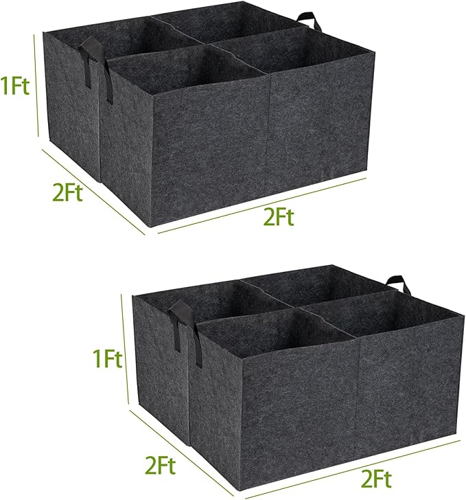 2-Pack 4 Grids Fabric Grow Bags, 2x2x1ft Thickened 400G Nonwoven Fabric Raised Garden Beds with Handles - Indoor Outdoor Planters for Vegetables, Herbs, Flowers