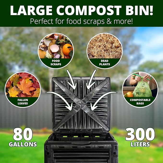 Simply Bio Garden Compost Bin from BPA-Free Material - 80 Gallon (300 L) Large Outdoor Compost Bin, Easy Assembly, Lightweight, Fast Soil Creation, Black