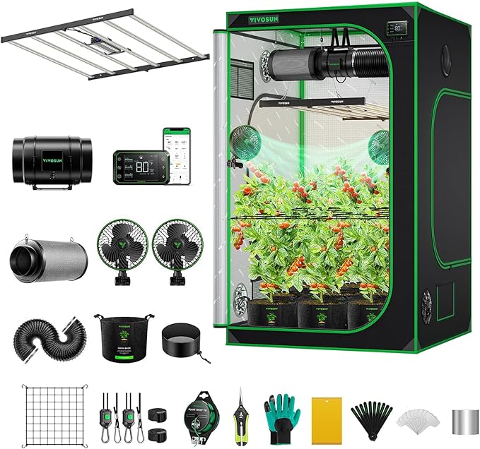 VIVOSUN GIY Smart Grow Tent Kit System 5x5 WiFi-Integrated Grow Tent Kit with Automate Ventilation Circulation, Clip Fans, Full-Spectrum LED Grow Light 645W, GrowHub E42A Controller