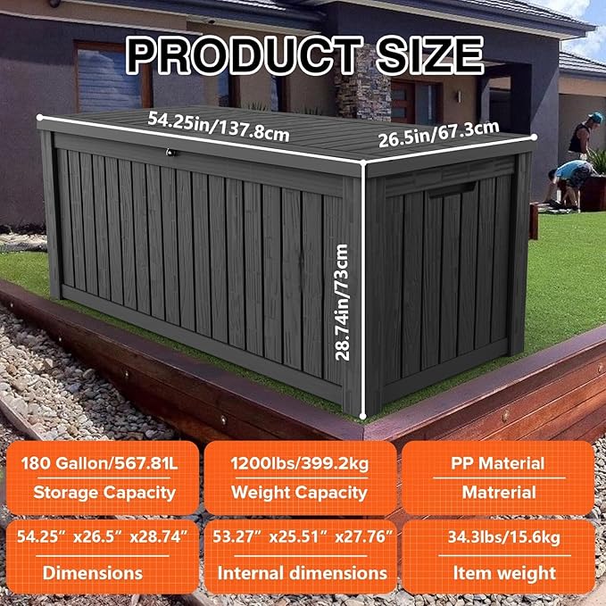 180 Gallon Outdoor Storage Deck Box, Large Storage Organizer for Patio Furniture Accessories, Garden Tools, Indoor Storage for Cushion, Black