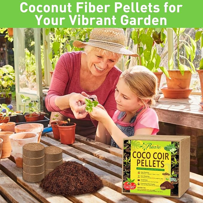 Riare 100 Pcs 30mm Organic Coco Coir Seed Starter Soil, Compressed Coconut Coir Potting Soil Mix for Seed Starting, Coconut Fiber Pellet for Planting Indoor & Outdoor Plants, Vegetables, Garden