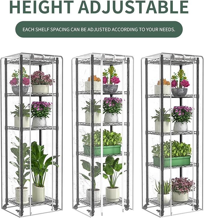Indoor Greenhouse with Grow Lights,with 40W Full Spectrum Growing Lamps for Seed Starting , 5 Tier 15.7" L×11.8" W×62.3" H Mini Greenhouse，Grow Light Shelf with Tent and Thermometer