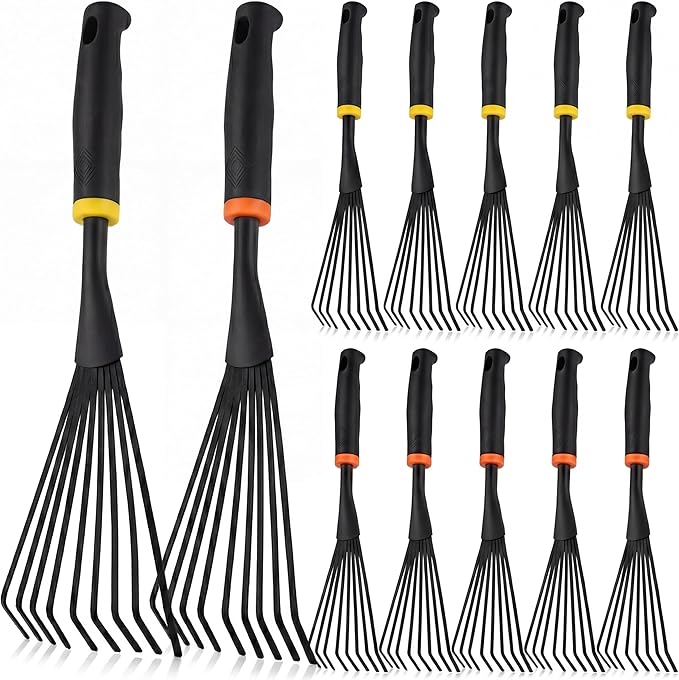 Yaocom 12 Pcs Hand Rakes Garden Tool Mini Heavy Duty Garden Cultivator 11 Inch Small Rake Gardening Hand Tiller with Handle for Digging Weeding Loose Soil(9-Tine Rake,Yellow, Orange)