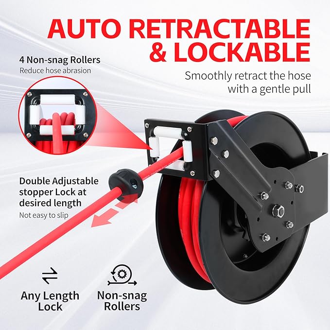 MaxWorks 50 Foot Auto Rewind Retractable Air Hose Reel with 3/8" Rubber Hose 250 PSI Heavy Duty Steel Spring Multi Position Ratchet and Solid Brass Fittings for Garage and Workshop (80720)