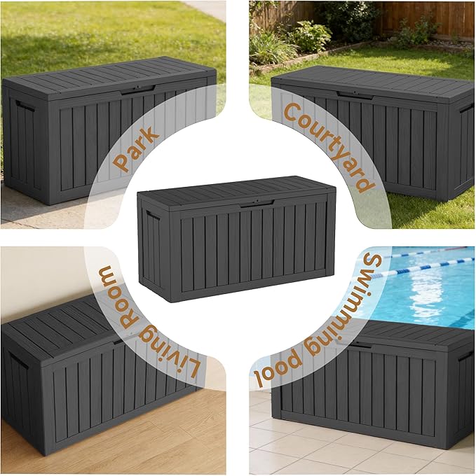 DRATO 85 Gallon Outdoor Deck Box, Weather-Resistant Resin Patio Storage Box with Hydraulic Rod, Large Capacity Storage Bin for Garden Tools, Pool Towels, Outdoor Cushions & Toys (Black)