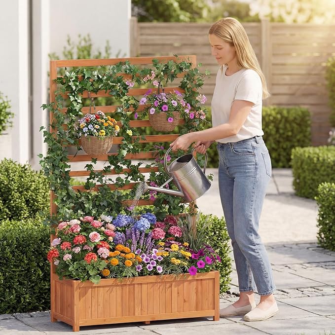 Giantex Set of 2 Raised Garden Bed with Trellis, 59” Tall Planter Box with Liner, Drainage Gaps for Climbing Vine Vegetable Flower, Indoor Outdoor Freestanding Privacy Screen for Porch Patio Yard