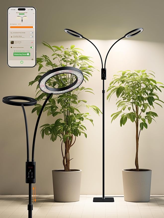 Smart Grow Lights for Indoor Plants,48W 2-Head Plant Light with Auto-Timer, Full Spectrum LED Grow Light, Adjustable Height & Stepless Dimming,Plant Assistant Suitable for Most Plants (Black, 48W)