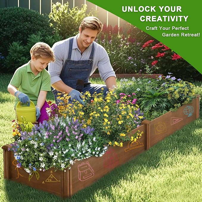 PetsCosset 8x2Ft Raised Garden Bed – Planter Box for Outdoor Plants, Fir Wood Garden Beds for Vegetable, Herb, and Flower Cultivation – Easy Assemble