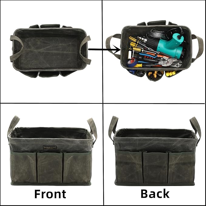 Tool Bag for Organizing, Waxed Canvas Wide Open Top Tool Tote Bag with 6 External Pockets, 13.8 x 7.8 x 7.8 Inches 3-Pack (ArmyGreen)