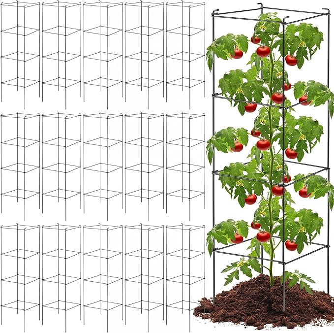 Hicarer 16 Pack Square Tomato Cage Heavy Duty Tomato Cages for Garden Vegetable Plant Trellis Stakes Plant Support Stake Tower for Climbing Vegetables Plants Flowers Fruit (11.5 x 46 Inches,Black)