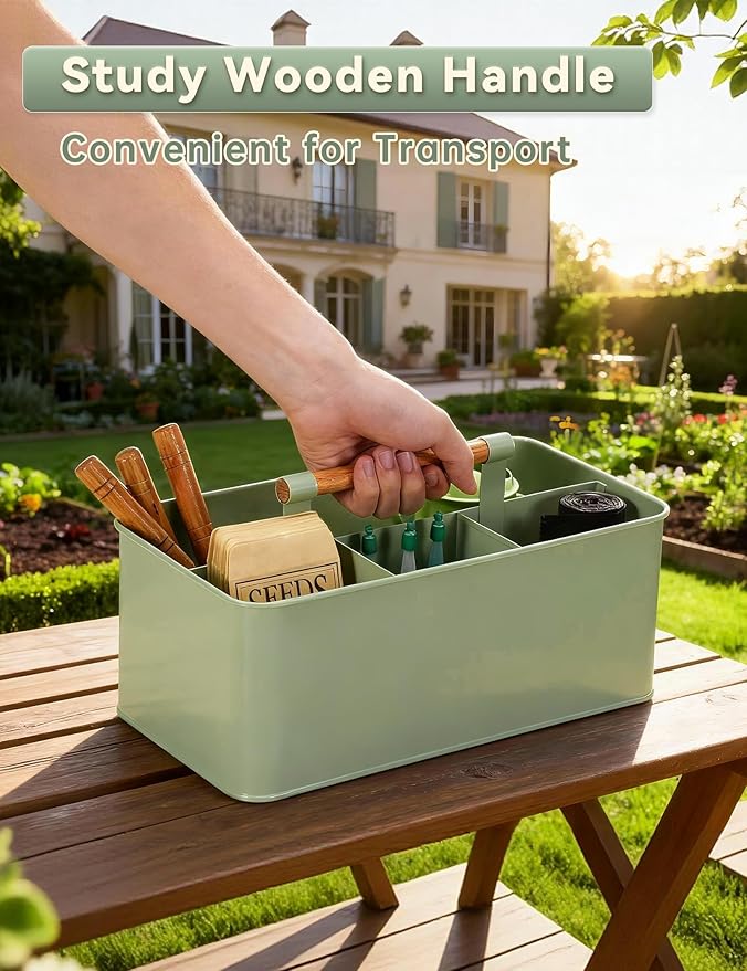 Garden Tool Organizer with Wooden Handle, Metal Garden Caddy with 4 Compartments, Gardening Tool Basket Cleaning Organizer Caddy for Indoor & Outdoor