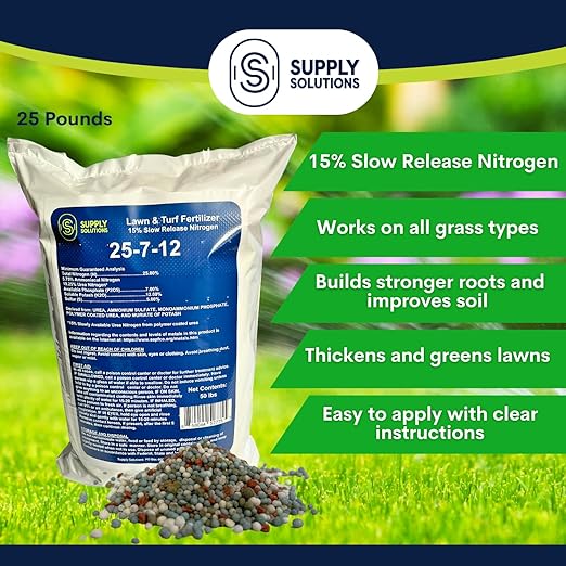 Supply Solutions 25-7-12 Lawn and Turf Fertilizer - 15% Slow Release Nitrogen Lawn Fertilizer for All Grass Types, Shrubs - Turf Builder Plant Food Covers 12,500 sq.ft (50lbs)