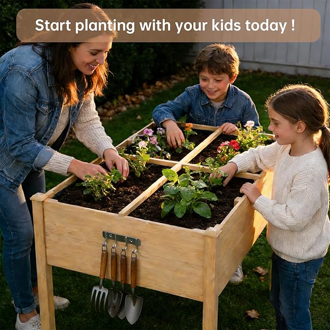 Acenova Raised Garden Bed Outdoor, 48 x 24 x 30 Inch Elevated Wooden Garden Bed with Legs and Liner, Raised Beds for Gardening with Grow Bag and Tool Hook, Planter Box for Patio Backyard Balcony