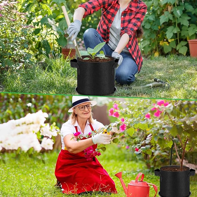 5 Pack 5 Gallon Grow Bags with 5 Plant Saucer and 5 Labels 260g Thickened Nonwoven Fabric Plant Pots with Handles, Garden Grow Bags for Vegetables, Aeration Pots