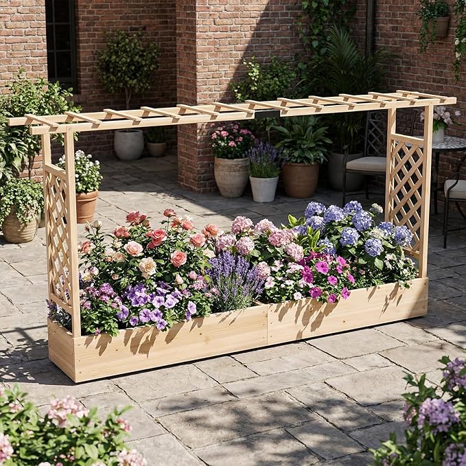 S AFSTAR Raised Garden Bed with Trellis, 2-in-1 Fir Wood Planter Box with Flat Roof & Drainage Holes, Vertical Planter Raised Bed for Climbing Plants, Flowers & Vegetables, 87" x 14" x 45" (Natural)