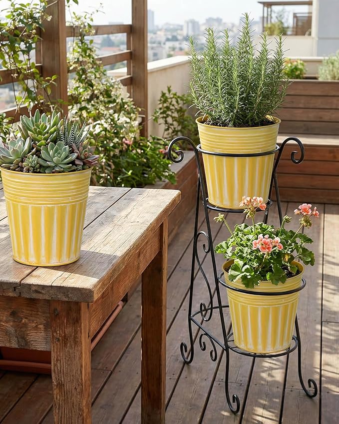 6 Inch Yellow Metal Rustic Flower Pots - 6Pcs Galvanized Planters with Drainage Hole and Rubber Plug, Rustproof Metal Bucket Plant Pots Farmhouse Vintage Style for Decor