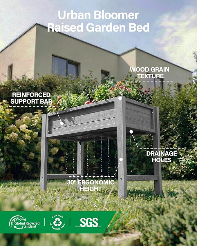 YEFU Raised Garden Beds Outdoor: 34x18x30in HIPS Raised Garden Bed for Balcony to Grow Herbs Vegetables Flowers - Planter Boxes Outdoor Withstands Moisture and UV Rays for Urban Greenery Grey