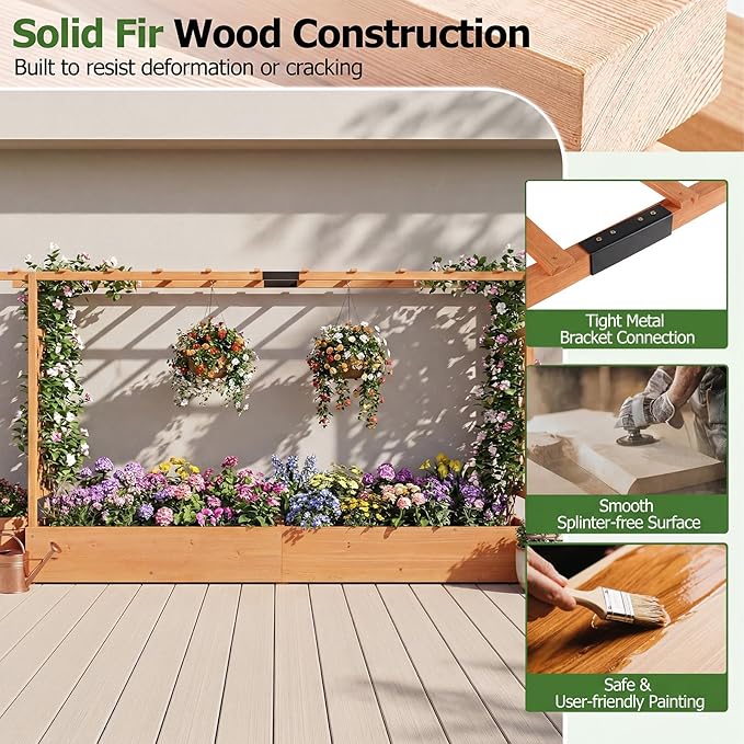 HAPPYGRILL Raised Garden Bed with Trellis, 2 Freestanding 45" Wood Planter Box w/Hanging Roof & 8 Drainage Holes for Climbing Plants Flowers, Outdoor Wood Elevated Garden Bed for Patio Yard,Orange
