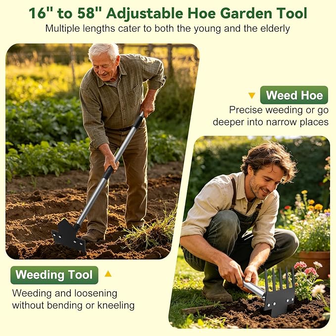 2-in-1 Hoe Garden Tools, 17-58" Weed Puller Tool with Long Handle, Heavy Duty Handle Garden Hoe and Weed Rake, Hoes for Gardening Yards Lawns Gardens Weeding