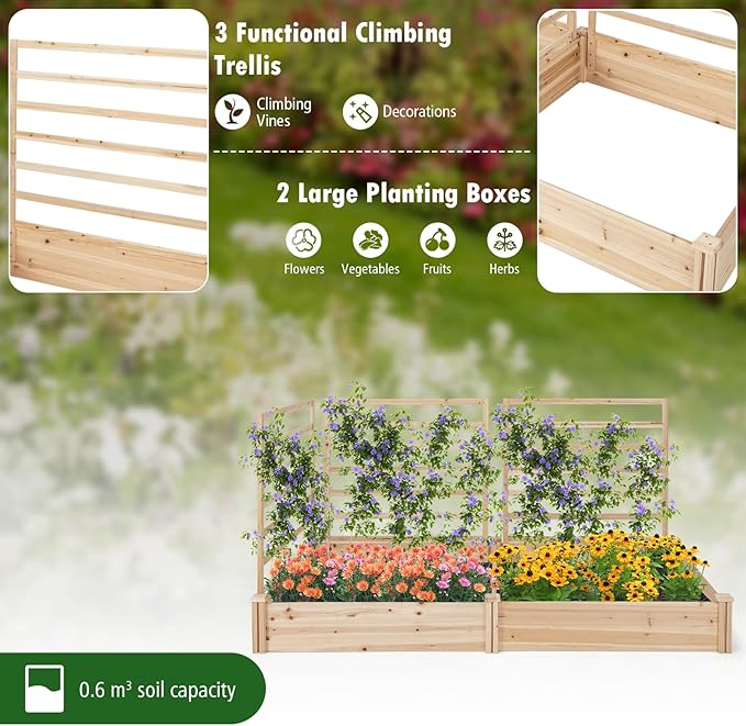 Raised Garden Bed with 3 Trellises, 2 Large Wooden Planter Boxes with Trellis for Vine Climbing Plants Flowers, Modular Design for Outdoor Garden Patio Backyard, 88"L x 45"W x 43"H, Natural