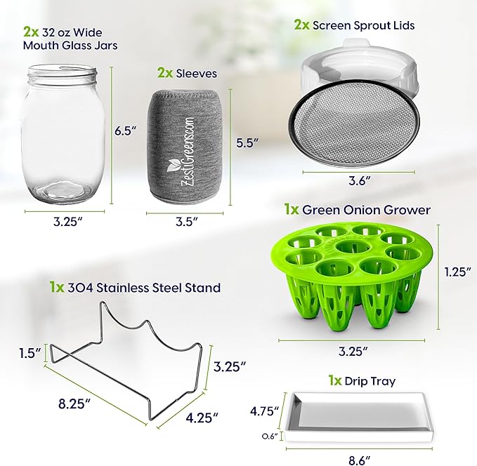 Premium Seed Sprouting Kit & Green Onion Regrower – 2 Wide-Mouth Mason Jars with Sprout Lids, Stainless Stand, Drain Tray, Blackout Sleeves & Cleaning Brush for Broccoli, Alfalfa & Mung Beans
