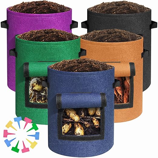 5-Pack 10Gallon Potato Grow Bags with 8 Plant Label Stakes, Thickest 400G Fabric with 150lb Load Handles, Bags for Growing Potatoes with Visual Harvest Window,Multi-Colored Breathable Planter