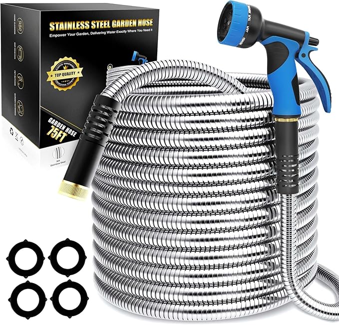 Lefree 75ft Metal Garden Hose - Heavy Duty 304 Stainless Steel Flexible Water Hose, No Kinks & Leak-Proof with Upgraded Handle, 10-Function Spray Nozzle for Yard, Garden, Pet Bath, Outdoor Cleaning