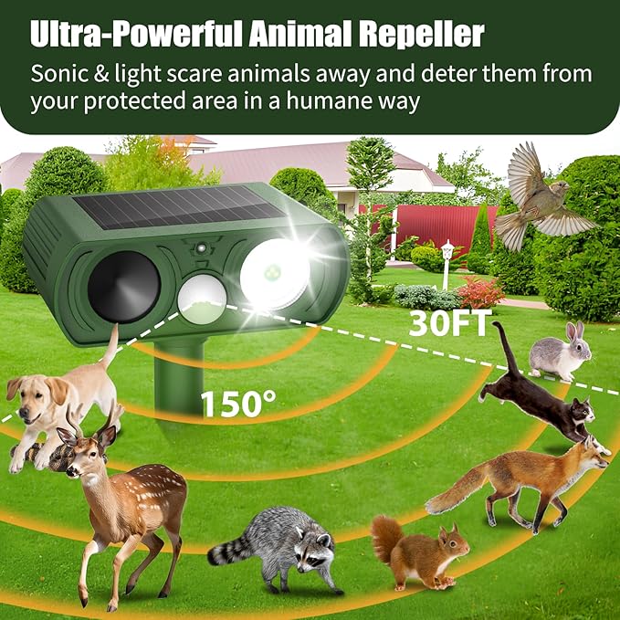 Solar Ultrasonic Animal Repellent, Deer Repellent Devices Waterproof with Motion Detection, Cat Repellent Outdoor Squirrel Skunk Rabbit Raccoon Dog Mouse Deterrents Animal Repeller for Yard Farm
