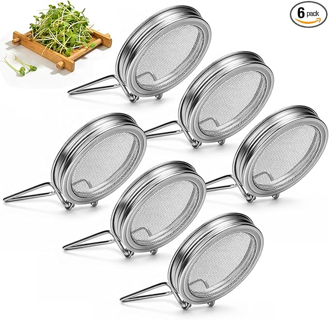 Palksky Sprouting Lids for Wide Mouth Mason Jars, 6Pack Reusable Stainless Steel Screen Bean Sprouts Growing Lid for Organic Alfalfa Broccoli Seeds Mung Bean Plant Germination Kits