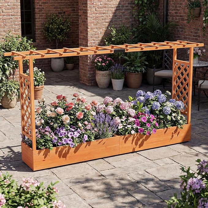 S AFSTAR Raised Garden Bed with Trellis, 2-in-1 Fir Wood Planter Box with Flat Roof & Drainage Holes, Vertical Planter Raised Bed for Climbing Plants, Flowers & Vegetables, 87" x 14" x 45" (Orange)