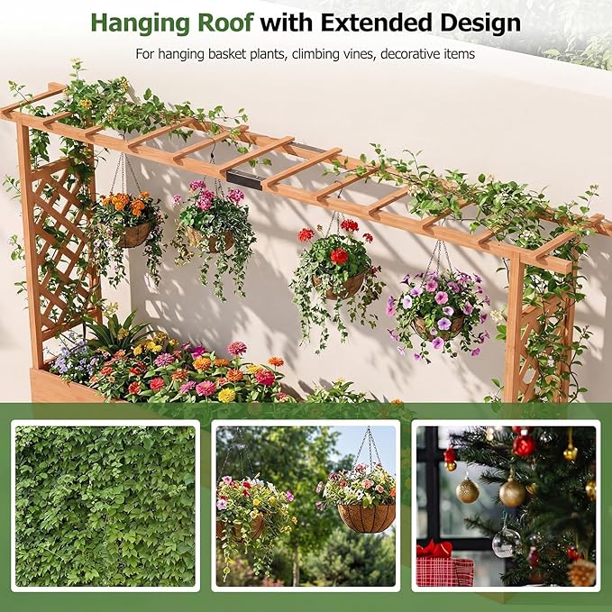 HAPPYGRILL Raised Garden Bed with Trellis, 2 Freestanding 45" Wood Planter Box w/Hanging Roof & 8 Drainage Holes for Climbing Plants Flowers, Outdoor Wood Elevated Garden Bed for Patio Yard,Orange