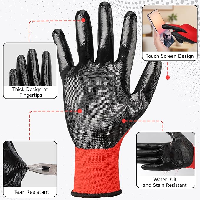 Nitrile Coated Work Gloves - 12 Pairs Red Construction Gloves for Women & Men Winter Work, Reusable Firm Grip Heavy Duty Gloves for Working, Gardening, Fishing, Climbing, Extra Large