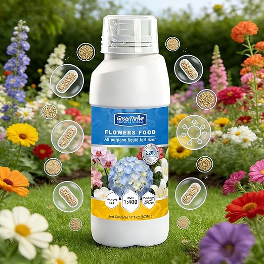 Organic Microbial Flower Fertilizer Liquid, 17oz (502ml) – All-Natural Probiotic Plant Nutrient for Orchids, Bird of Paradise & All Flowering Plants, Easy Dilution with 75ml Measuring Cup