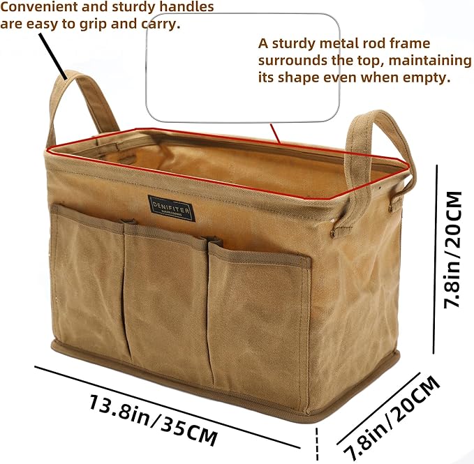 Heavy Duty 16oz Waxed Canvas Tool Bag, Rectangle Foldable Open Top Tool Bags with Handles,7 Pockets &13.8 x 7.8 x 7.8 Inches 3-Pack (Khaki)