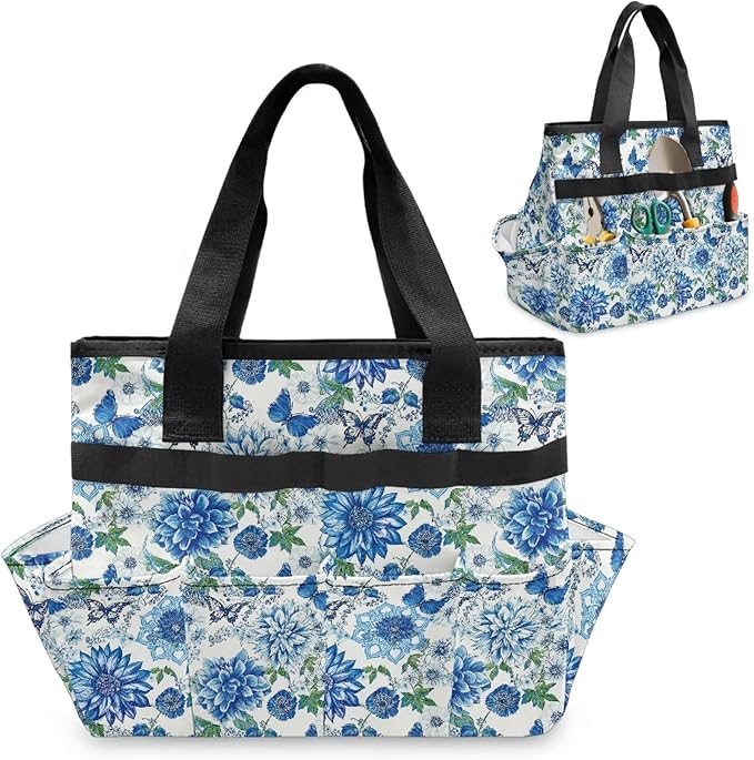 Blue Mandala Flower Garden Tool Bag Portable Gardening Tool Organizer Bag with 10 Pockets and Handle Tool Carrier and Storage for Garden Lawn Yard Casual Camp
