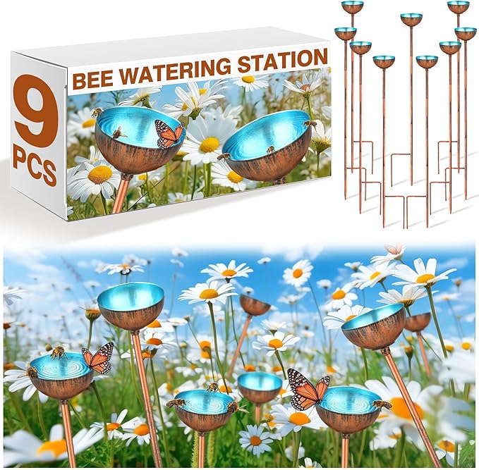 Teenyyou 9 Pcs Bee Watering Station for Garden Bee Metal Watering Cups Butterfly Water Feeder Small Insects Bath Bowl Cups Metal Stakes for Outdoor Garden Decor, Blue