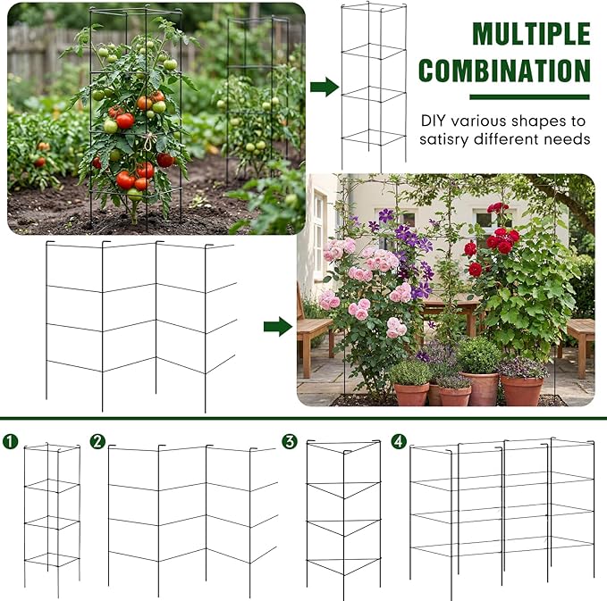 Hicarer 16 Pack Square Tomato Cage Heavy Duty Tomato Cages for Garden Vegetable Plant Trellis Stakes Plant Support Stake Tower for Climbing Vegetables Plants Flowers Fruit (11.5 x 46 Inches,Black)