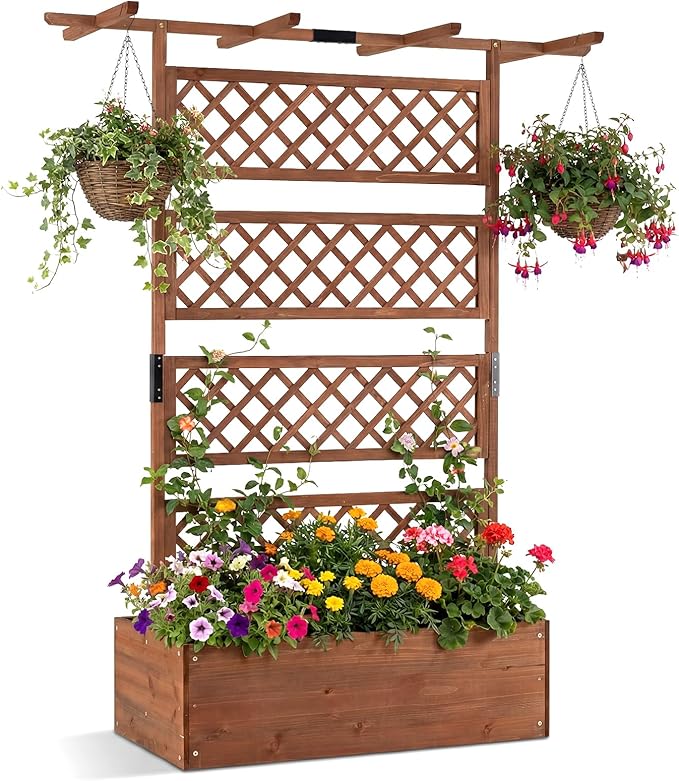 Giantex Raised Garden Bed with Trellis, 72'' Wooden Planter Box Outdoor w/Privacy Screen Roof, Large Vertical Garden Planter w/Drainage Holes for Climbing Plants, Patio Balcony Backyard