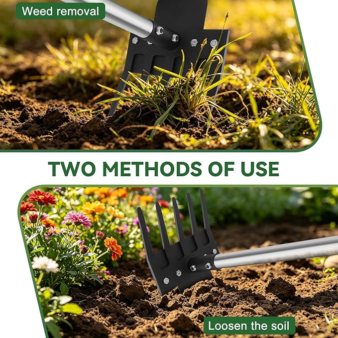 2-in-1 Hoe Garden Tools, 17-58" Weed Puller Tool with Long Handle, Heavy Duty Handle Garden Hoe and Weed Rake, Hoes for Gardening Yards Lawns Gardens Weeding