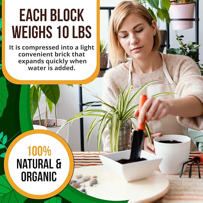 Coco Coir Brick 10 LB - Premium Compressed Coconut Fiber Block for Indoor Plants, Seed Starting & Hydroponics - Low Salt Triple Washed - Expands to 75 Quarts - 100% Natural Peat Alternative